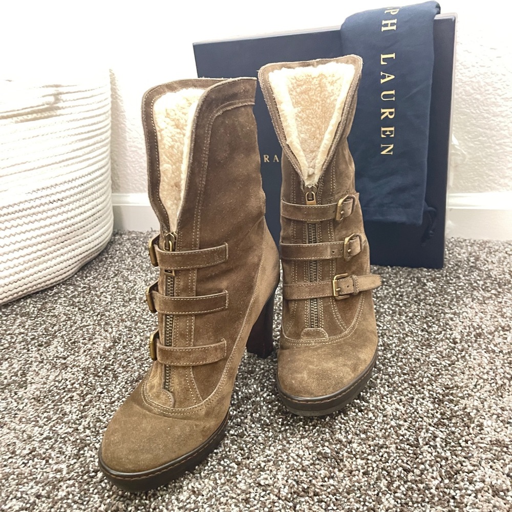 Ralph Lauren Shearling-lined Olive Suede Ankle Winter Boots, size 8.5D